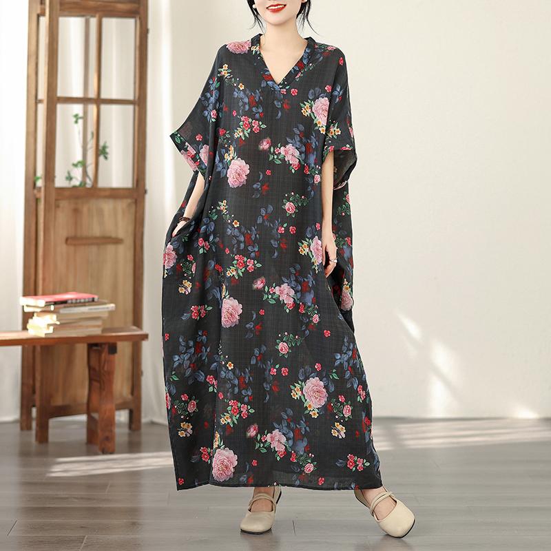 DIMANAF New 2026 Women Plus Size Spring Summer Beach Vintage Floral Print Black Long Dress Loose Oversize Maxi