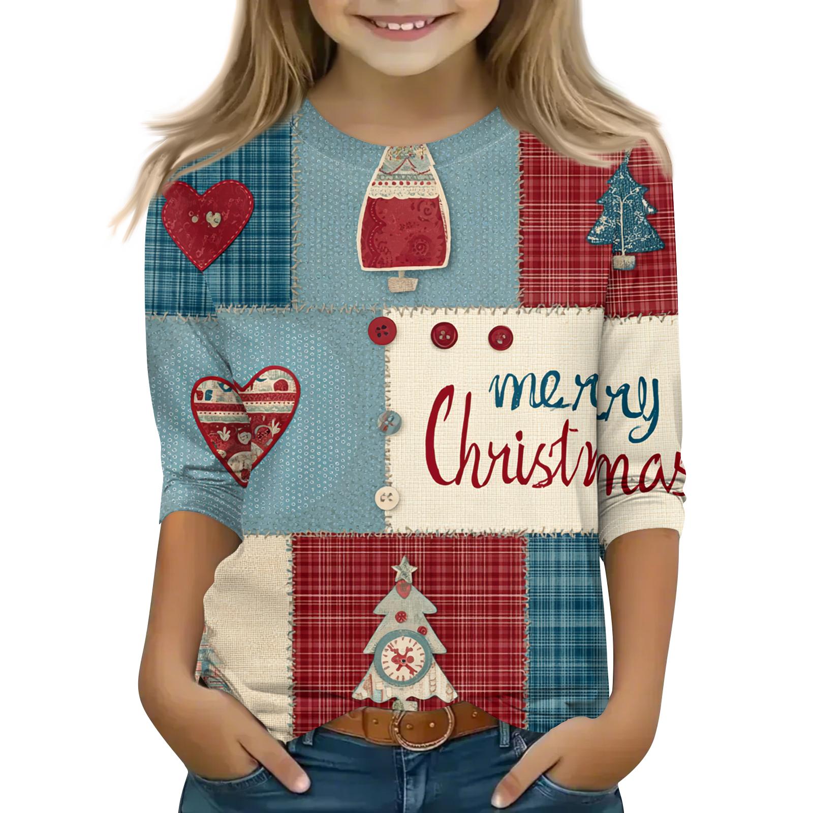 

Children s 3/4 Sleeve Round Neck Top Christmas Tree Printed Everyday Casual Top 110
