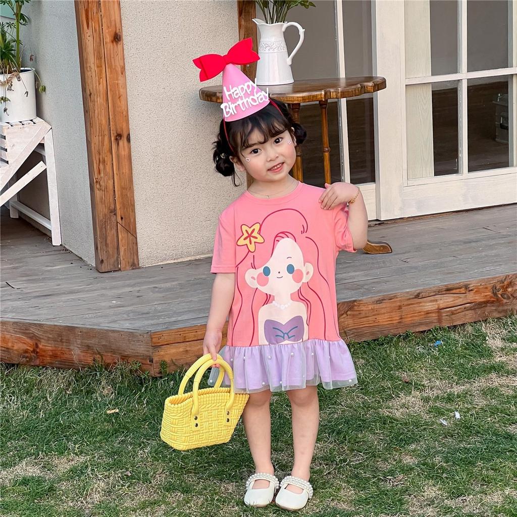 Girls Summer Ruffled Mesh Dress with Cute Cartoon Print Princess