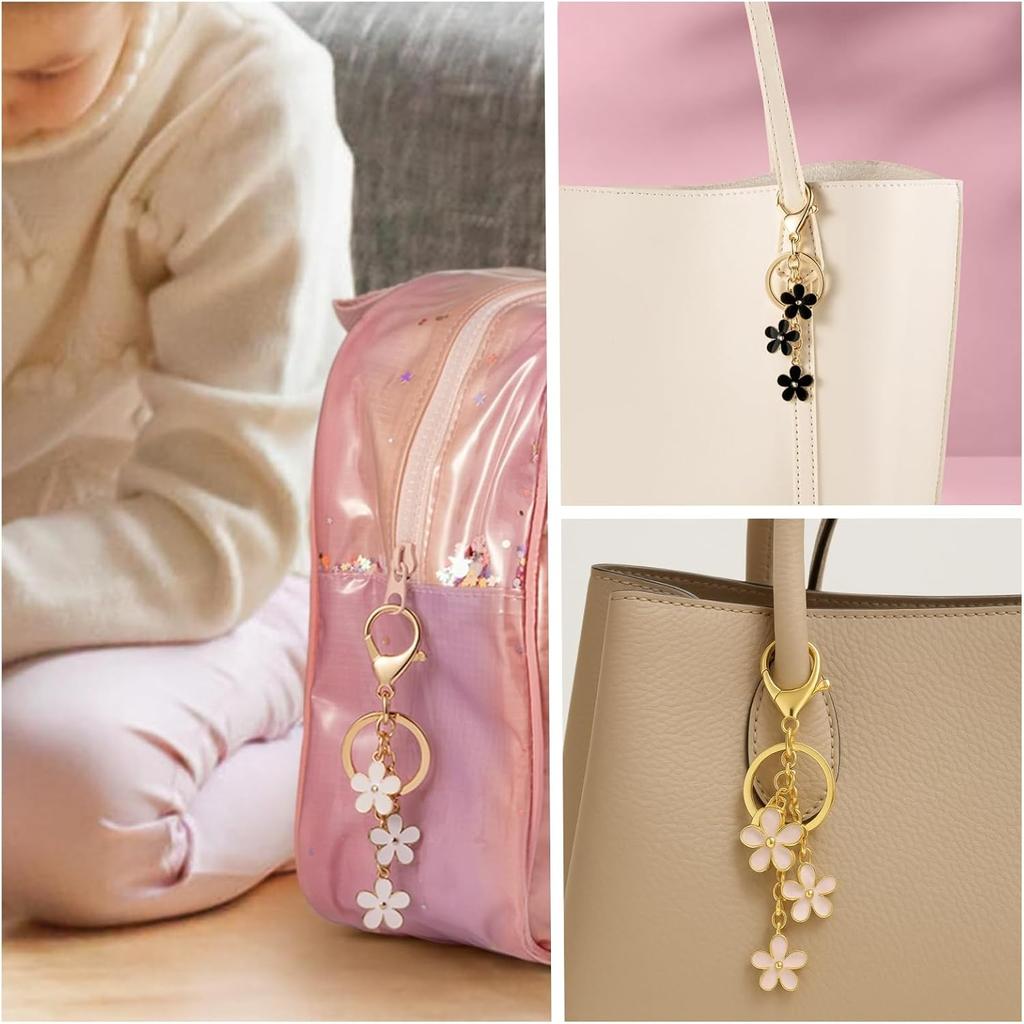 3Pcs Cute Keychain for Women, Flower Enamel Charm Keyring for Handbag Backpack Purse(White,Pink,Black