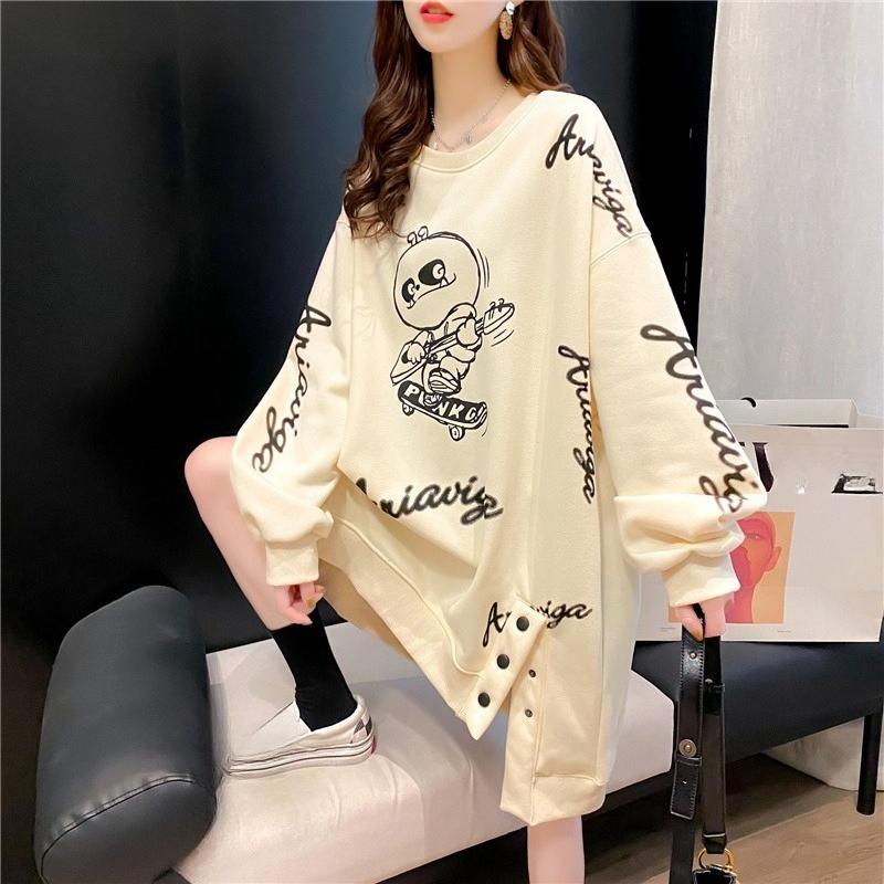 Extra-großes Frühling/Herbst Kurzarm Mittellanges Oberteil mit geknöpftem Patchwork Graffiti-Print, Kapuzenpullover im Damenstil