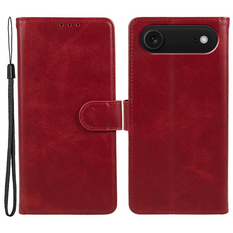 For iPhone 17 Air Case Calf Texture PU Leather Wallet Phone Cover with Wrist Strap