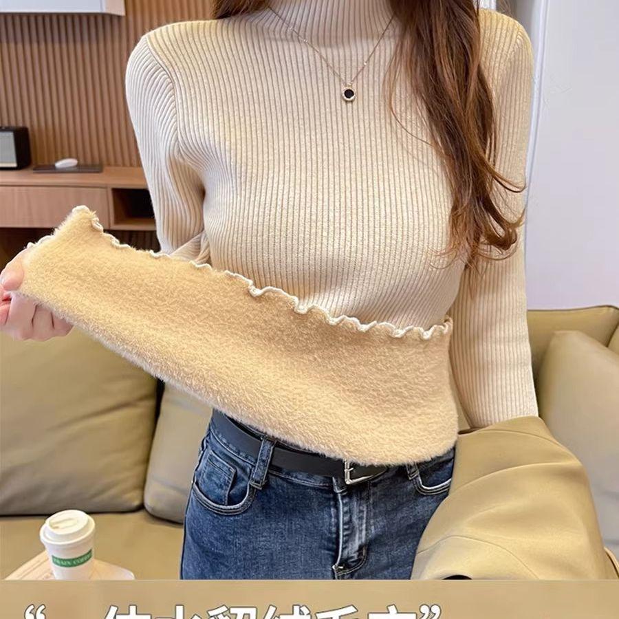 Women's Plus Velvet One-Piece Fleece Sweater, Half-High Collar Pullover, Fashionable Long Sleeve Knitwear for Autumn and Winter