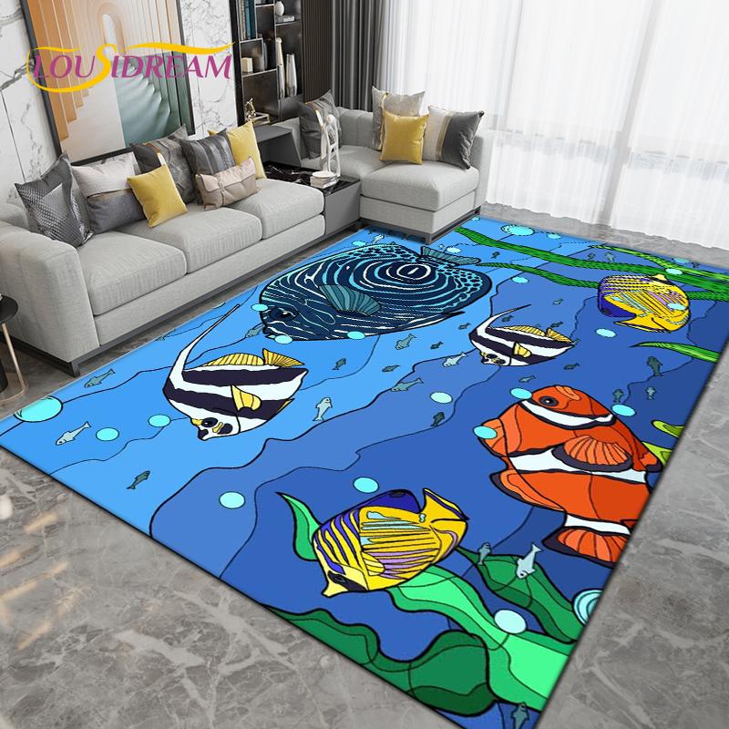 Ocean Underwater World Fish Dolphin Octopus Area Rug,Carpet Rug for Living Room Bedroom Sofa,Kitchen Bathroom Non-slip Floor Mat