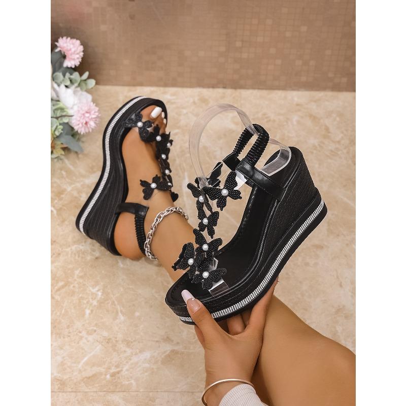 Neue Sommer Übergröße Damen Europäischer Amerikanischer Stil Keilabsatz Sandalen mit Schleife Slipper Plateau und Wasserkristall Sohle Peeptoe