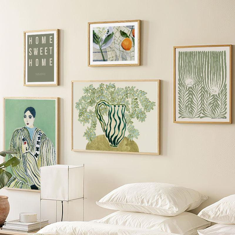 Gestreifte Mädchenvase Blatt Blume Wandkunst Leinwandmalerei Abstrakte Poster und Drucke Hotel Bar Wandbilder für Wohnzimmerdekoration