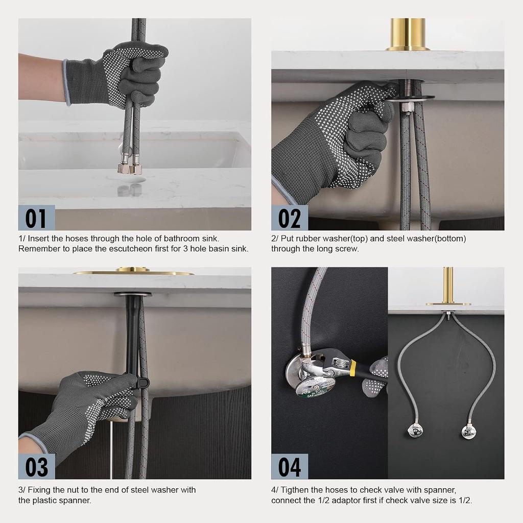 Brushed Gold Bathroom Faucet with Plastic Pop Up Drain, 6.25'' Metal Escutcheon and Supply Lines, Single Handle Stainless Basin Mixer Tap, Modern