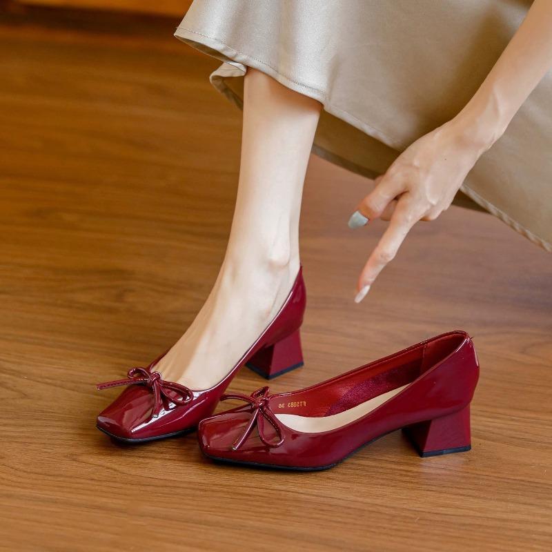 Scarpe Décolleté con Tacco Kitten Donna 2026 Nuova Moda Fiocco Punta Quadrata Francese Tacco Blocco Scarpe con Tacco