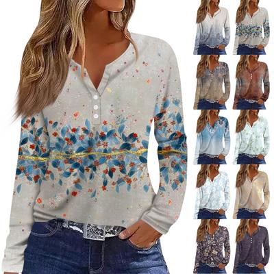 Women's Fashion Casual Floral Print V Neck Long Sleeved Button Up T Shirt Top Long Sleeved Top