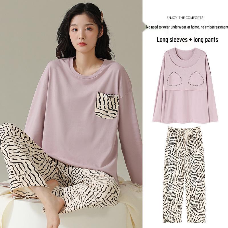 Women's Long-Sleeve Cotton Pajama Set with Chest Pads - Cozy Autumn/Winter Wear, Sweet & Stylish for Home or Outside