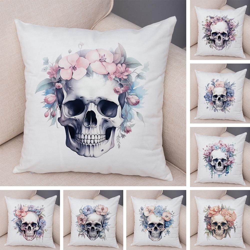 Coral Petal Skull Cushion Cover Double Print Orchid Watercolor Pillowcase Soft Plush Lavender Floral Skull Cushion Cover