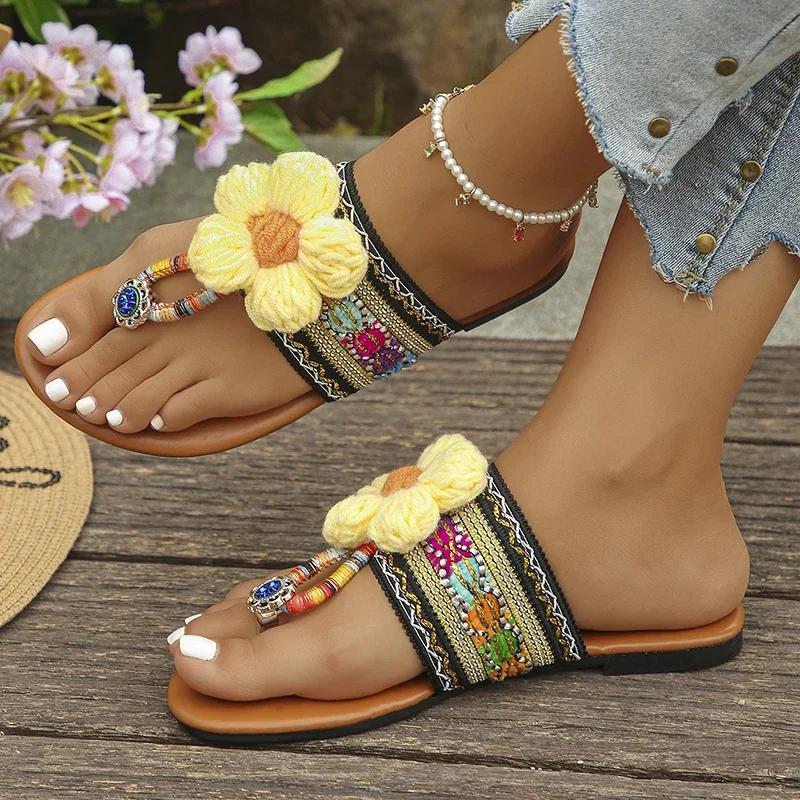 

Fashion 2025 Bohemia Flower Flats Slippers Women Beach Vacation Clip Toe Sandals Woman Fashion Embroidery Non Slip Flip Flops Female 43 43 чёрный