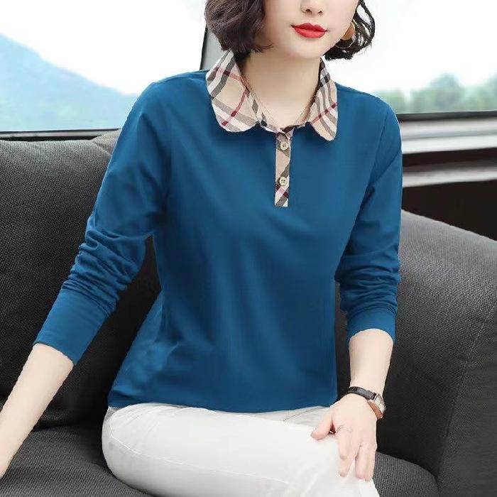 

Women s Long-Sleeve Turn-Down Collar Polo Shirt - Versatile Autumn Fashion for Young Moms L синій