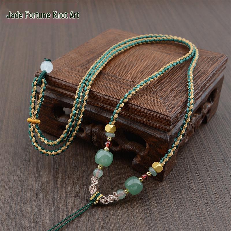 Four-Strand Braided Necklace Lanyard with Jadeite, White Agate, and Dongling Jade Pendant