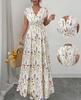Short-sleeved dress, new printed V-neck long dress, European and American summer waist women's clothing