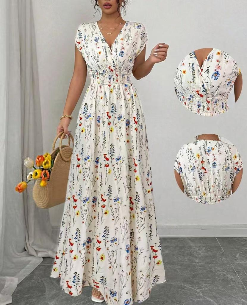 Short-sleeved dress, new printed V-neck long dress, European and American summer waist women's clothing