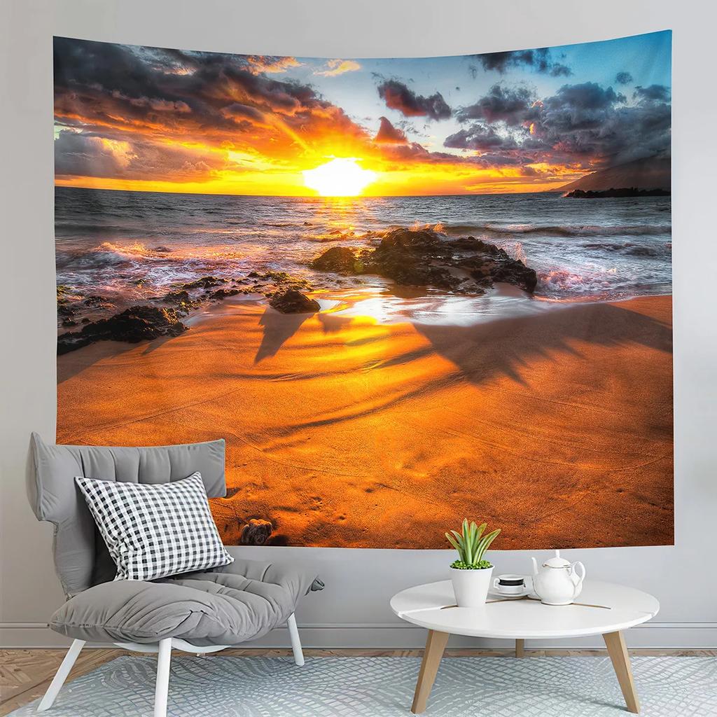 Sunset Beach Tapestry Ocean Waves Tapestry Golden Sky Tapestry Home Living Room Bedroom Dorm Wall Hanging Decorative Blanket