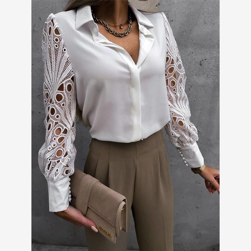 Women Black White Hollow Out Shirts Pure Color Lace Patchwork Shirt Shirt