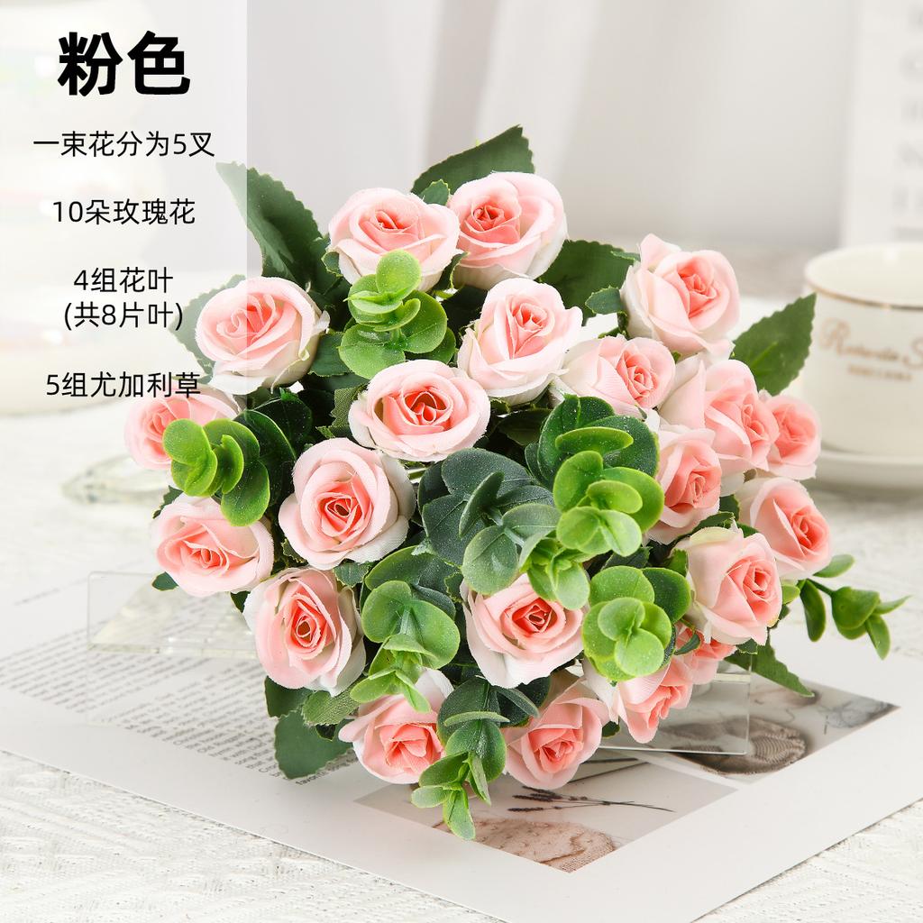 Artificial Bouquet Small Handle Rose Eucalyptus Leaves Home Decor Living Room Decoration Wedding Garden Simulated Flowers