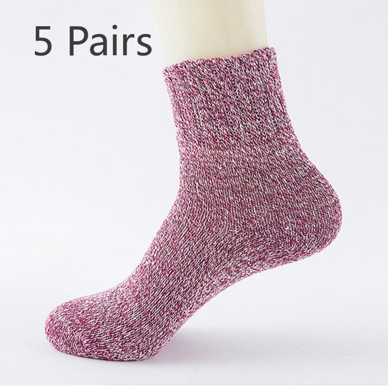 5 Pairs of Solid Color Thickened Warm Wool Socks for Autumn and Winter, Women's Ethnic Style Retro Mid-calf Socks