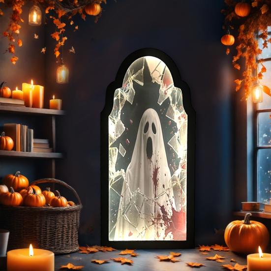 Halloween Hologram Ghost Mirror Spooky Blood Ghost Mirror with LED Light for Bedroom Kitchen Haunted House Decor