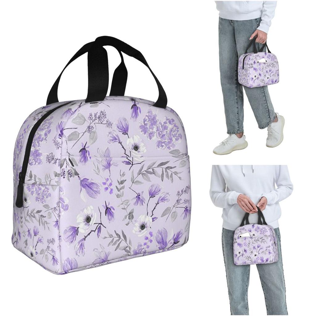Light Purple Floral Pattern Insulated Lunch Bag for Women Kids Portable Food Boxes Thermal Lunch Box Tote