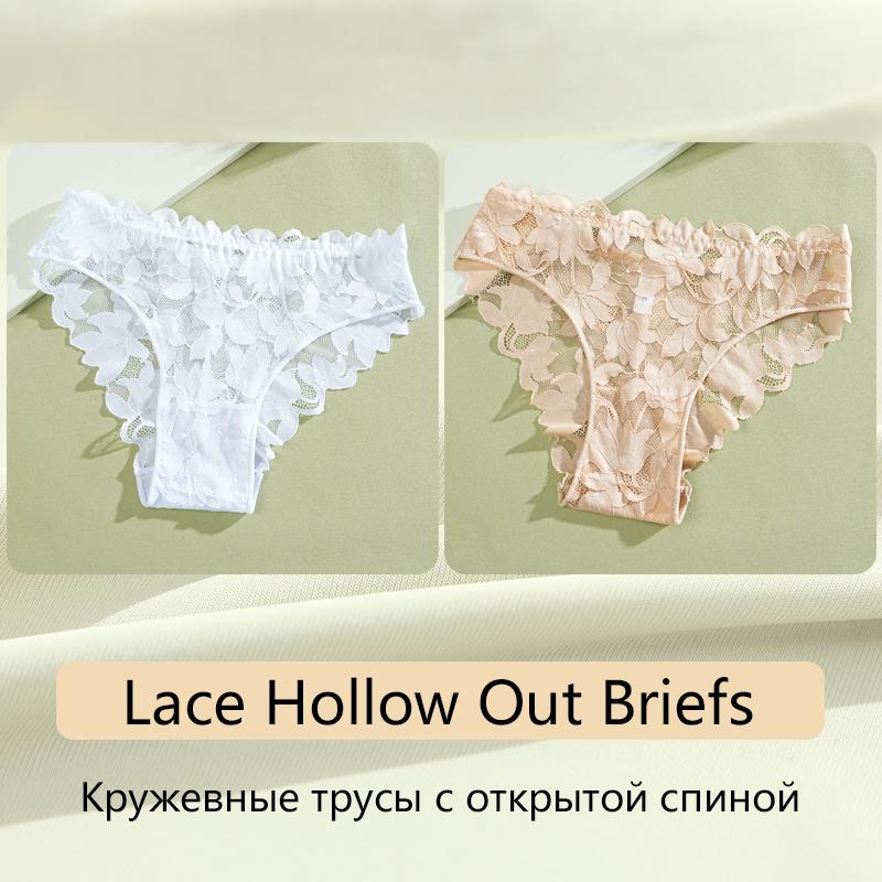 FINETOO 2Pcs Women's Satin Floral Lace Underwear Sexy Hollow Out Panties Solid Low-Waist Perspective Briefs Girls Soft Lingerie