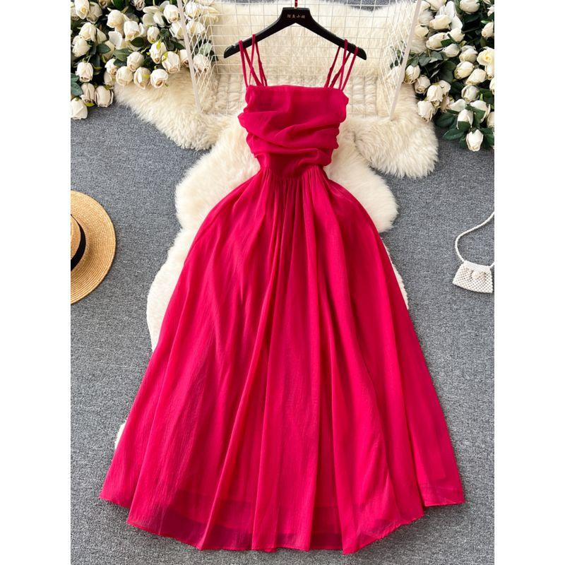 Pleated Summer Stylish Waist Trimming Spaghetti Straps Dress