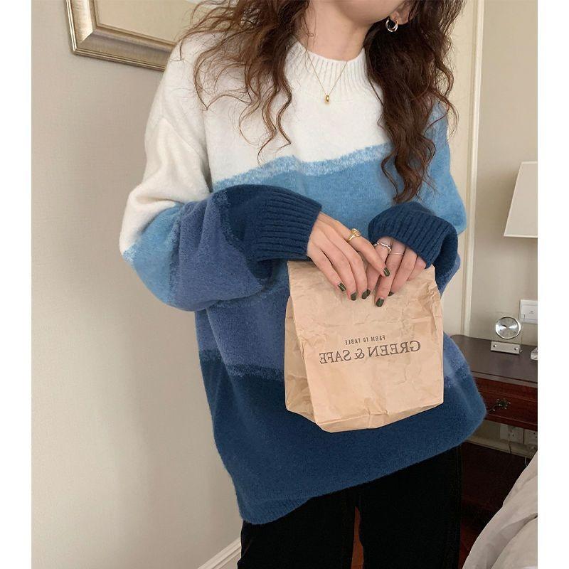 

Autumn and winter new niche design casual sweater loose fashion pullover knitted sweater lazy wind top women XXXL синий