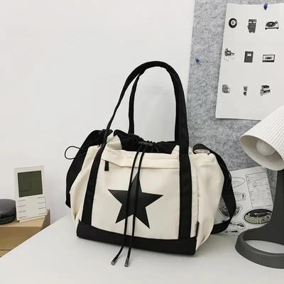 Women Canvas Students Teens Girls Ladies Casual Handbag Large Capacity Star Decor Drawstring Shopping Shoulder Bag ARI