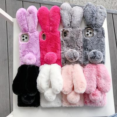 Cute Rabbit Warm Fluffy Fur Phone Case For iPhone 16 15 14 Plus 13 12 11 Pro Max XSMax XR X SE Samsung S25 S24 S23 S22 S21 Ultra S20 Plus FE A15 A55