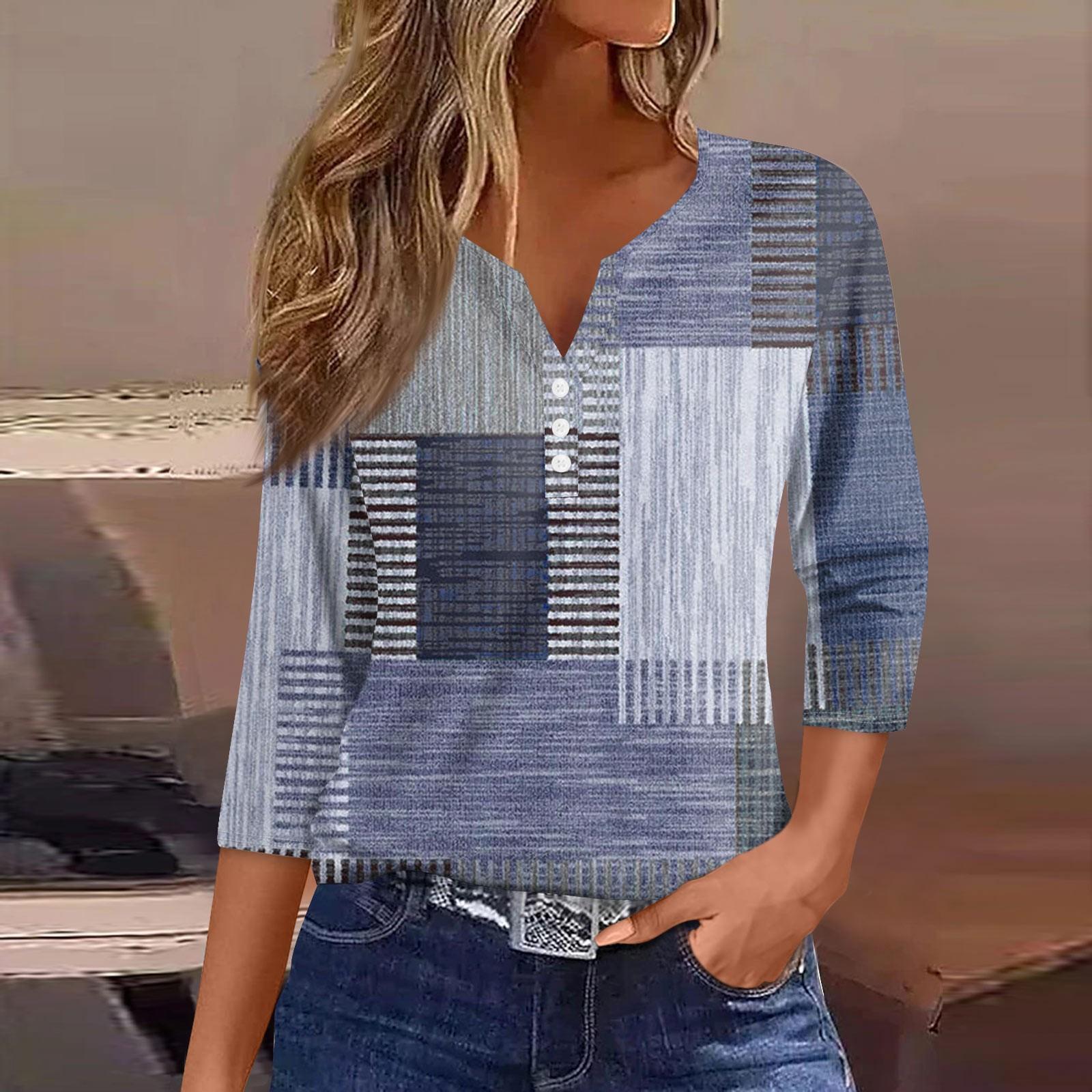 

Women s Summer Cotton T-shirt Top Loose Top 3/4 Sleeves Retro Round Neck Plus Size Clothing M