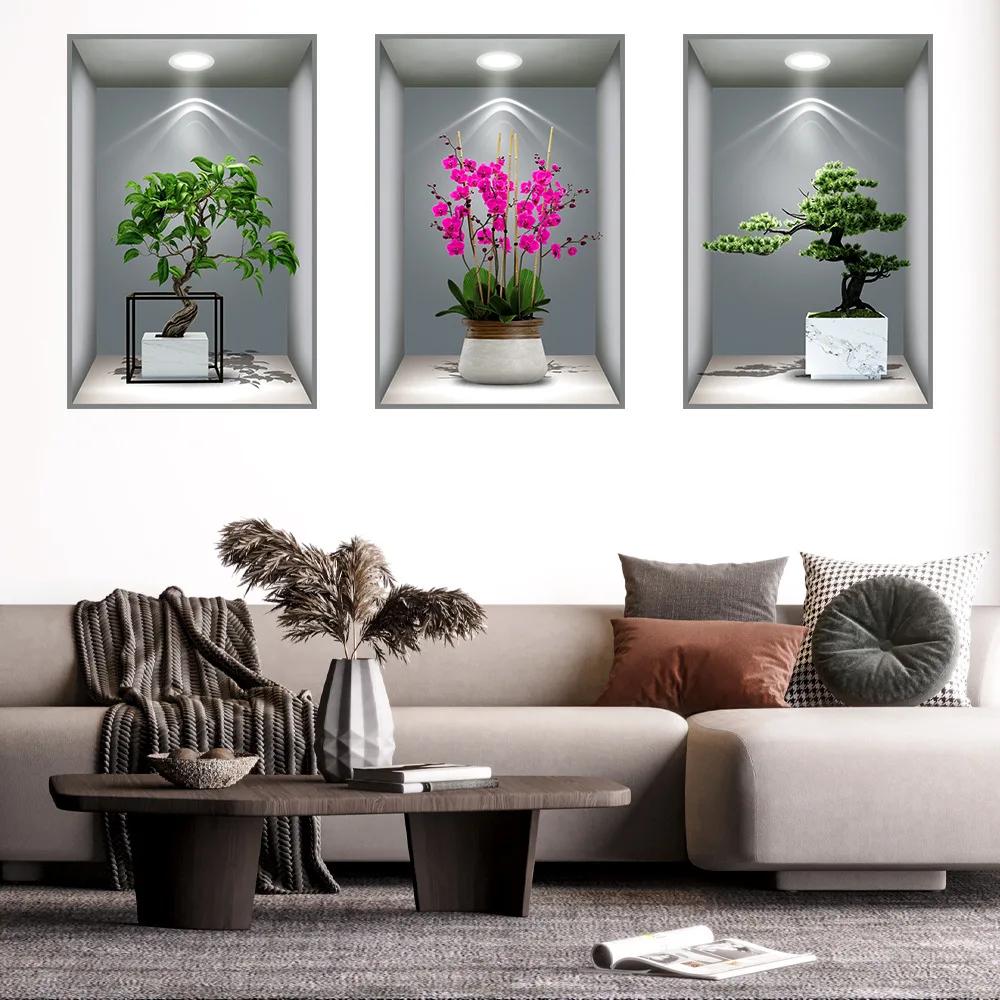 3D Effect Potted Triptych Posters Hallway Staircase Decorative Painting Hotel Restaurant Wall Plant Stickers
