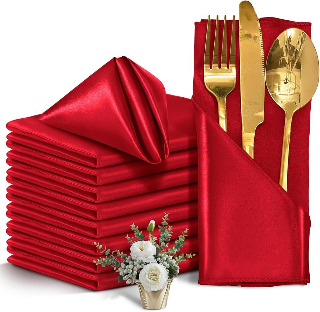 12PCS Red Satin Napkins 30x30cm, Silky Soft Smooth Washable Napkins for Restaurant, Weddings, Dinner, Party,Christmas Decoration