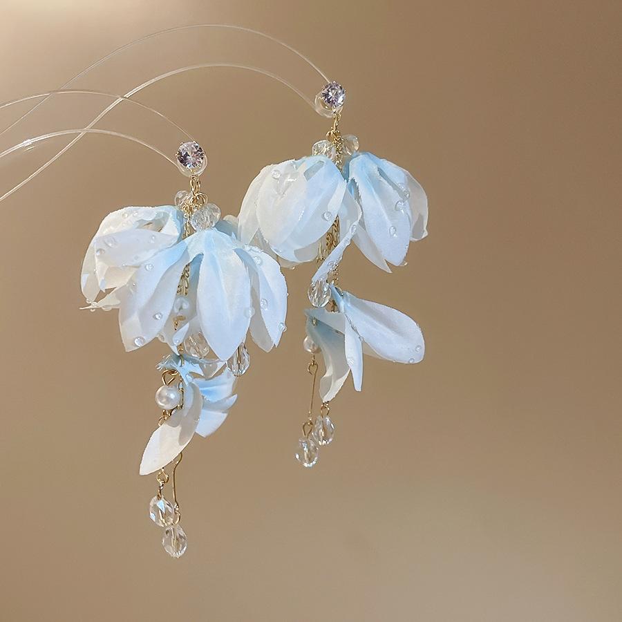 

Hyperbole Colorful Cloth Imitation Pearl Glass Beads Flower Long Tassel Dangle Earrings For Women Real Gold Plated Copper синій