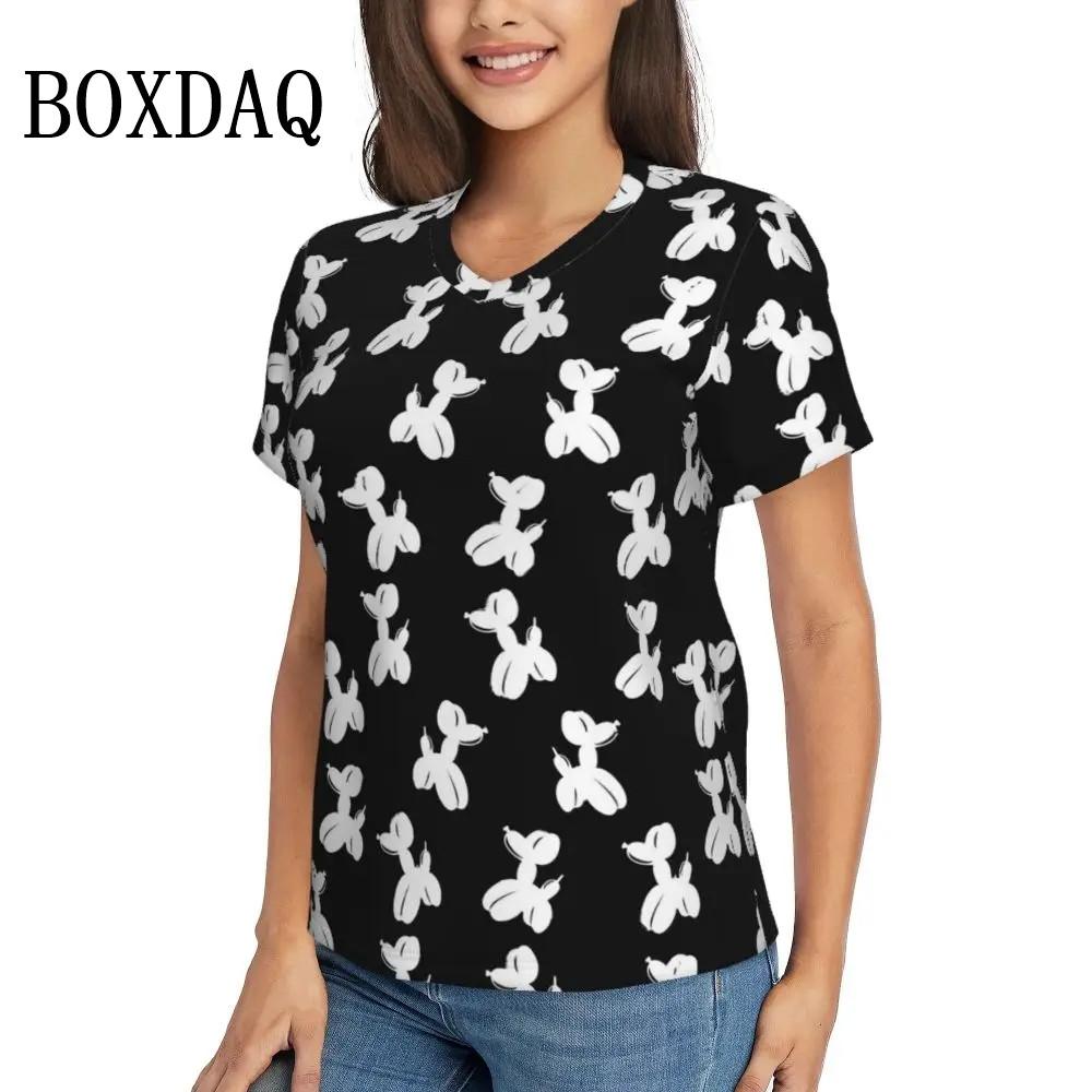 Rainbow Balloon Dogs Print T Shirt Female Summer V-Neck T Shirts Short Sleeve Street Fashion Shirt Women Cute Graphic Kawaii Top