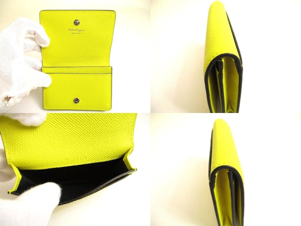 Authentic Salvatore Ferragamo Gancini Silver H/W Yellow Leather Business Card Holder #a825  Refurbished