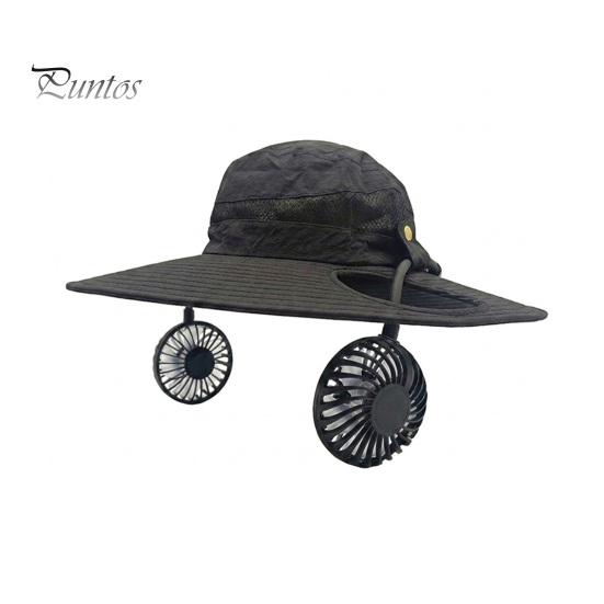 Summer Camping Sun Protection Solar Fan Hat, Cooling Bucket Outdoor Wide Brim Portable Powered Cap Hat with 2 Fans for Fishing, Camping, Hiking, Beach