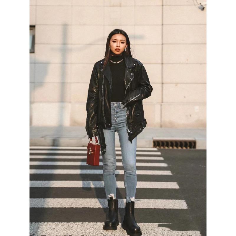 2023 New Women's Motorcycle Leather PU Imitation Leather Loose Jacket Black Jacket