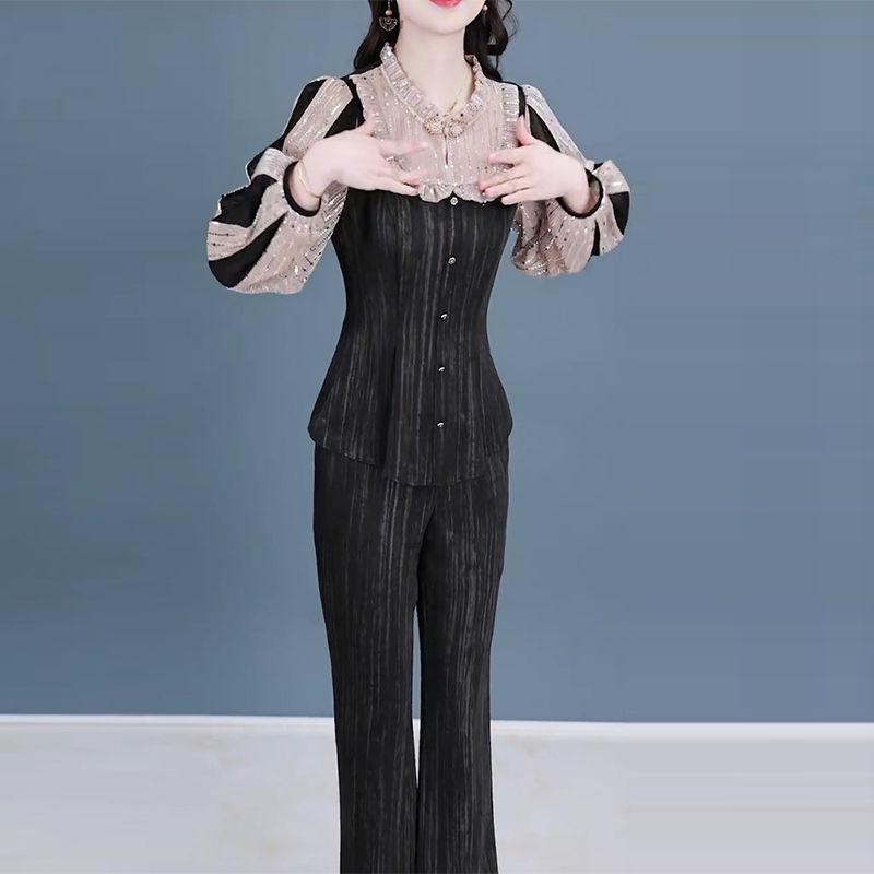 

Шикарный женский облегающий костюм-двойка Весна-Осень 2025: Стильный топ и брюки широкого кроя 3XL (135-145 jin)