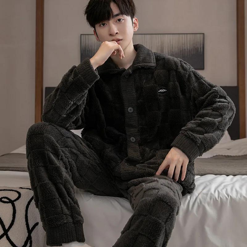 2Pcs/set Men's Pajamas Autumn and Winter Padded and Thickened Warm Long-sleeved Trousers Coral Fleece Homewear Men's Clothing