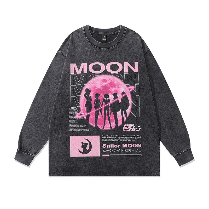 Trendy Brand Harajuku Y2K Cartoon Print Washed Long-Sleeved T-Shirt Men'S Oversize Retro Couple Bottoming Top