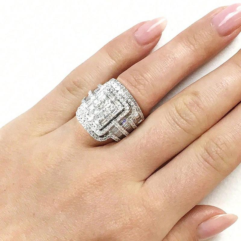 S/Set Luxuriöses Übertriebenes Damen Funkelndes Quadratisches Zirkonia Ring Set für Braut Hochzeit Valentinstag Geschenk Ewigkeit Schmuck