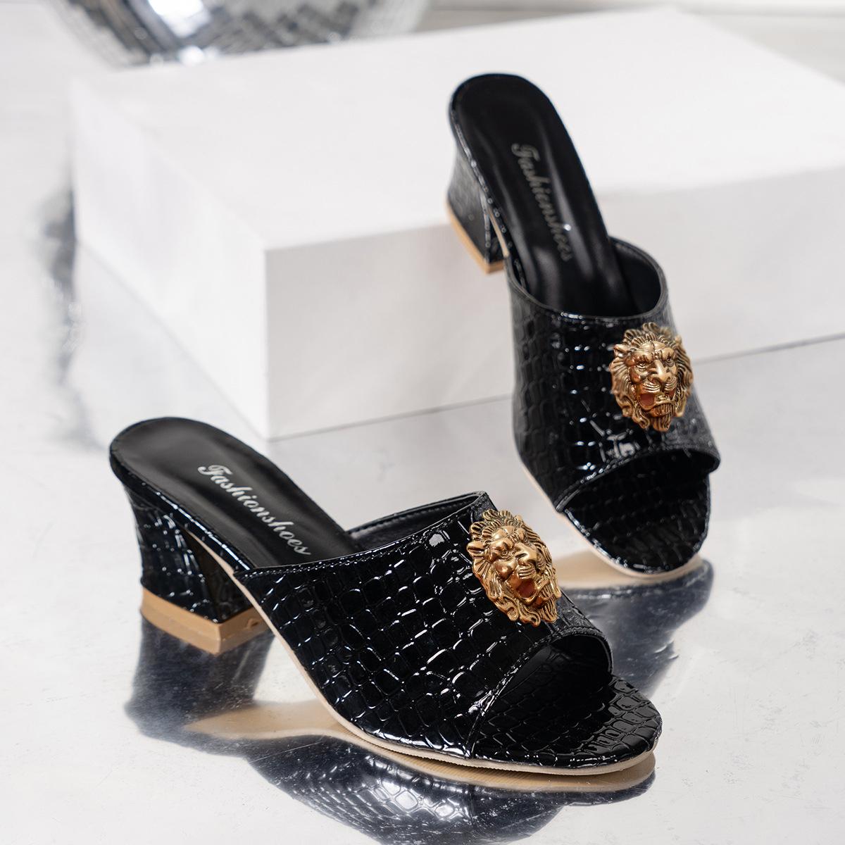 

Новые толстые тапочки большого размера с женскими сандалиями на высоком каблуке на одной линии с принтом змеиной кожи и открытым носком 47 43 чёрный