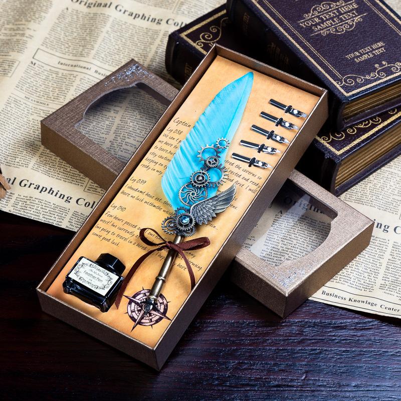 Retro Mechanical Calligraphy Feather Pen and Ink Set Glittering Quill Pen with Antique Dip Pen Metal Calligraphy Set with Ink
