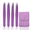 4-Piece Stainless Steel Tweezers Set Grooming Kit for Eyebrow Shaping, Beard Hair Removal & Eyelash Extension, Purple Case