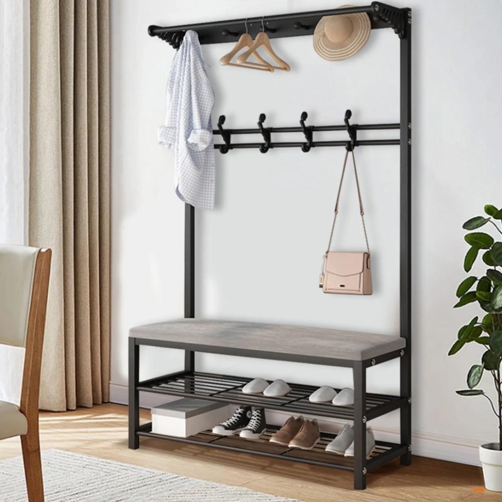 5-in-1 Garderobenbaum, Multifunktionaler Kleiderständer mit Bank & 2-stufigem Schuhregal, 10 Haken, Schwarz