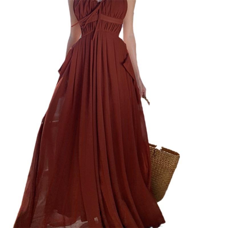 Zhao Ruth Xu Yan Suspender Dress Burgundy Seaside Vacation Travel Sexy Backless Beach Long Skirt