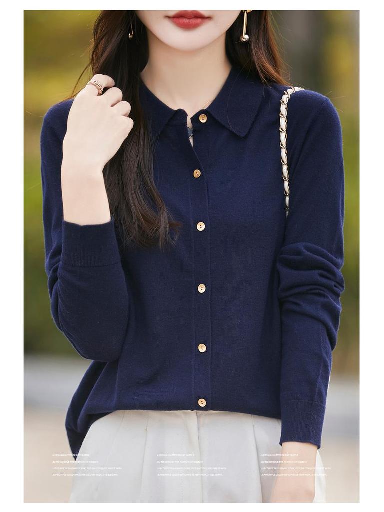 Women's Merino Wool Polo Collar Knit Cardigan - Age-Reducing Thin Sweater Coat