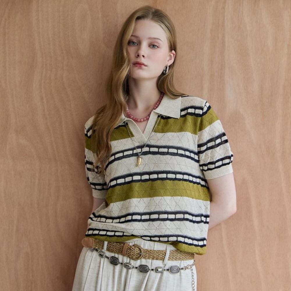 Maxza Color Block Open Collar Summer Knit Zf08qk005na olives/FREE